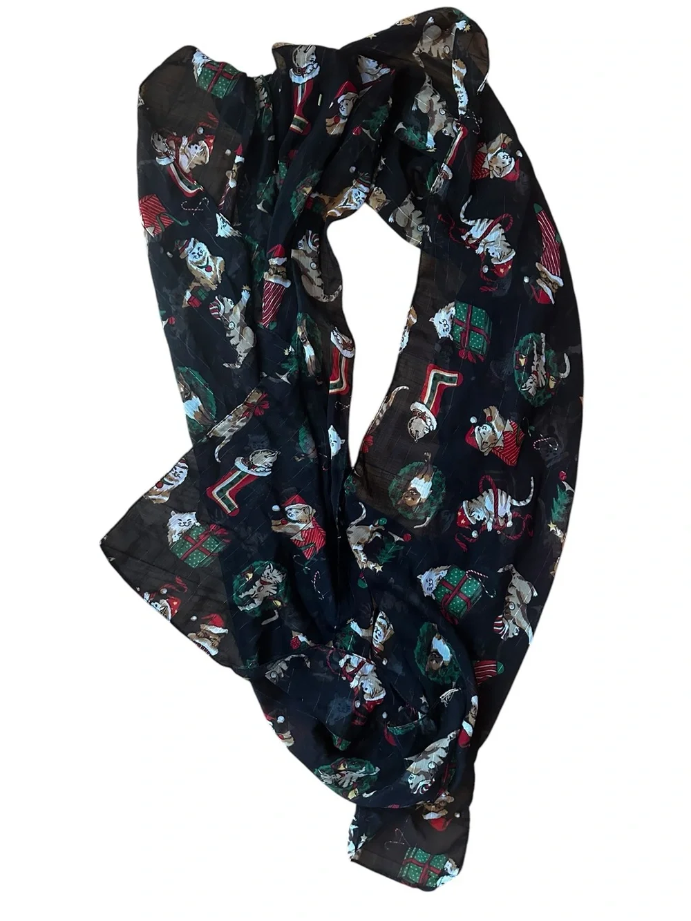 Vintage Christmas Cats Scarf Black Sheer Fabric Holiday Festive Cat Grannycore